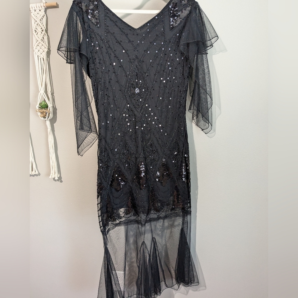 Vintage Embellished Beaded Mesh Tulle Sequin Flapper Gatsby Gown Dress L - Picture 10 of 10